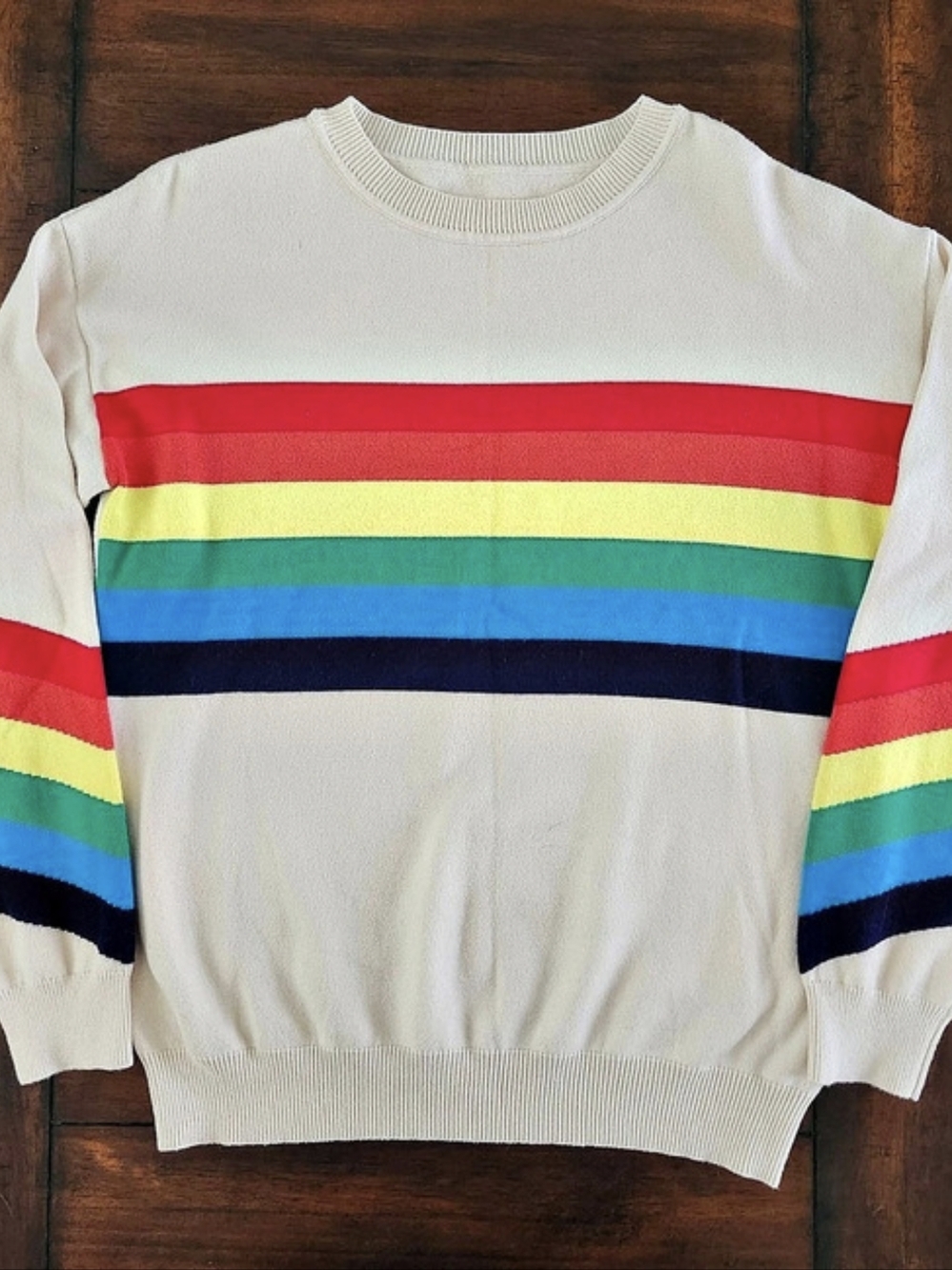 Woman's Rainbow Striped Crewneck Sweater in Cream Medium